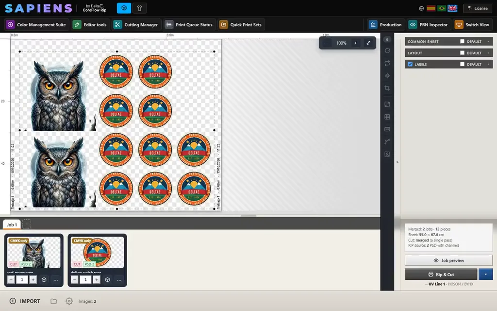 Sapiens CoreFlow RIP: el pliego se monta solo, se elige la máquina en Rip & Cut, el trabajo en 3D, edición integrada con PhotoPro y VectorPro, gestión de color y Production Center