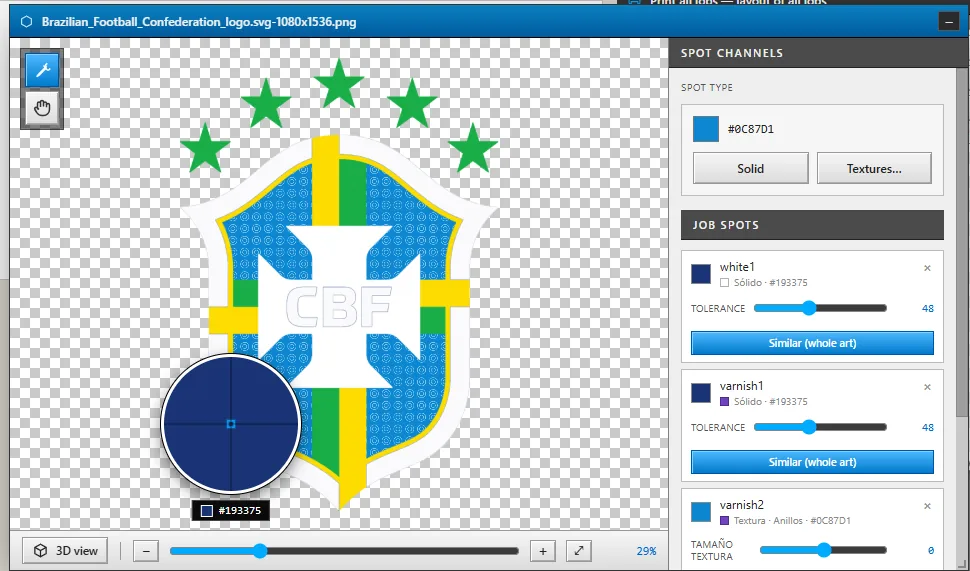 Editor de canales de Sapiens CoreFlow RIP con spots de blanco y barniz aplicados