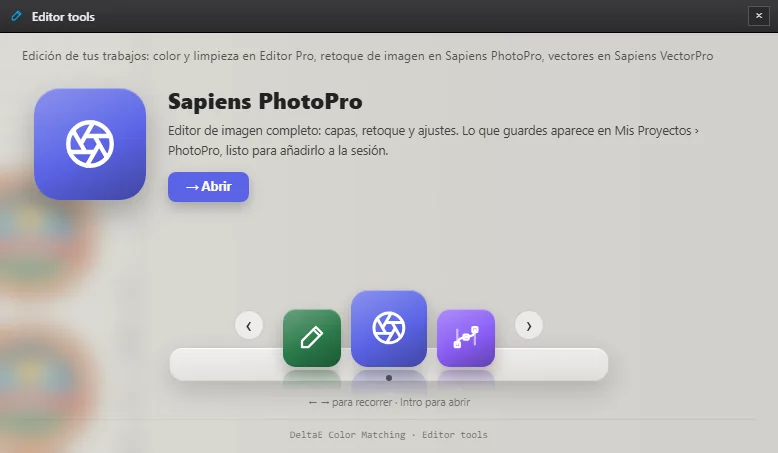 Menú Editor tools de Sapiens CoreFlow RIP con Editor Pro, Sapiens PhotoPro y Sapiens VectorPro