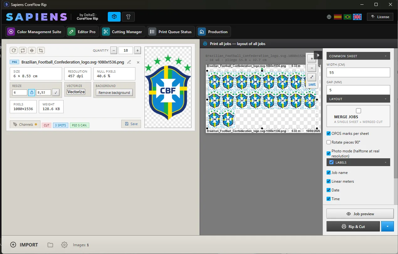Montaje de pliego en Sapiens CoreFlow RIP con varias copias y marcas de registro