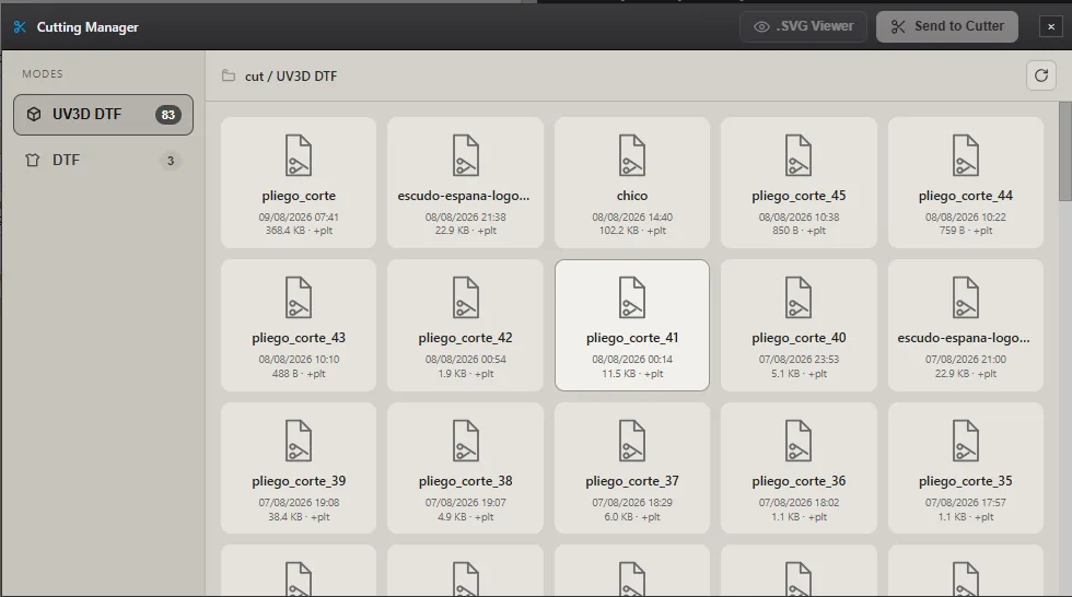 Cutting Manager de Sapiens CoreFlow RIP con la lista de cortes generados