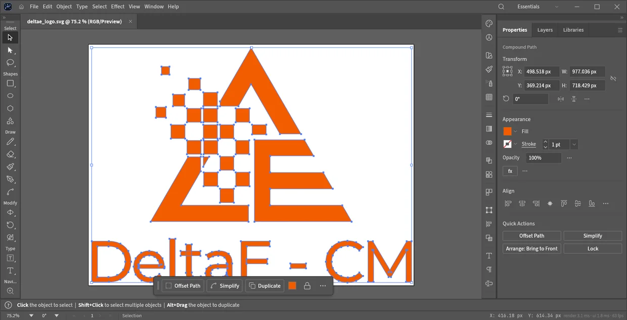 Sapiens VectorPro editing the DeltaE logo with its nodes and curves
